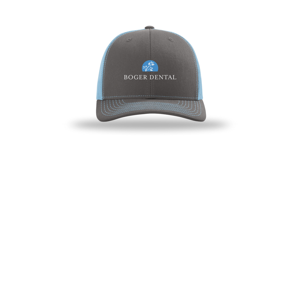 boger-dental-richardson-trucker-cap-embroidery-capfront-R112-charcoalcolumbiablue-flat-front