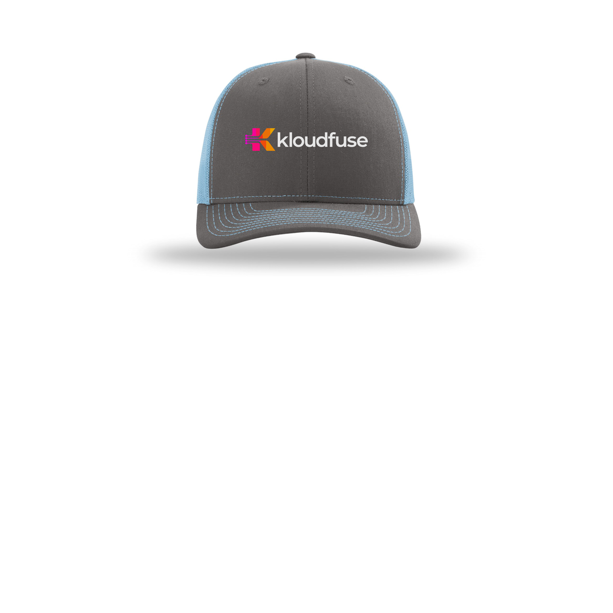 kloudfuse-richardson-trucker-cap-embroidery-capfront-R112-charcoalcolumbiablue-flat-front