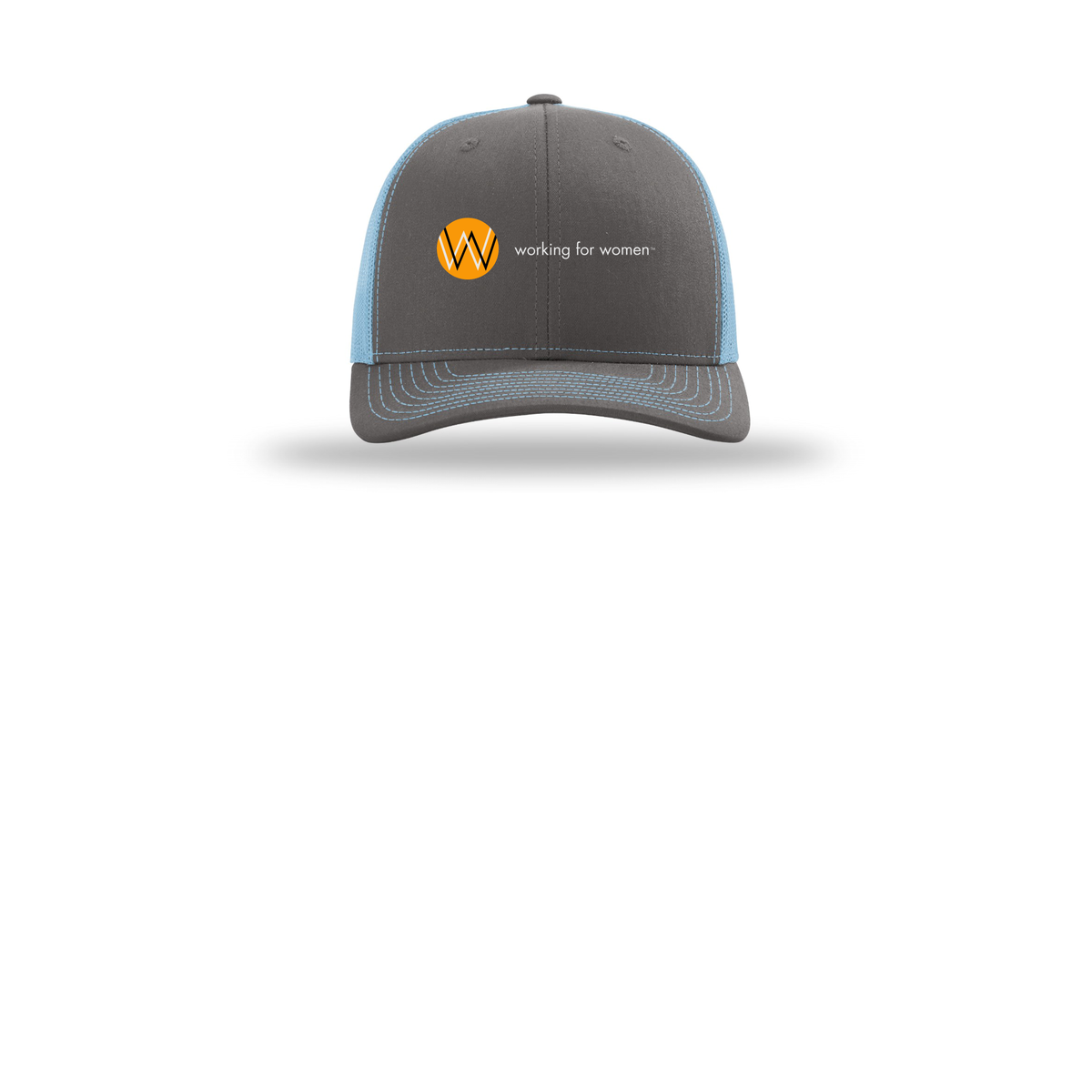 workingforwomen-richardson-trucker-cap-embroidery-capfront-R112-charcoalcolumbiablue-flat-front