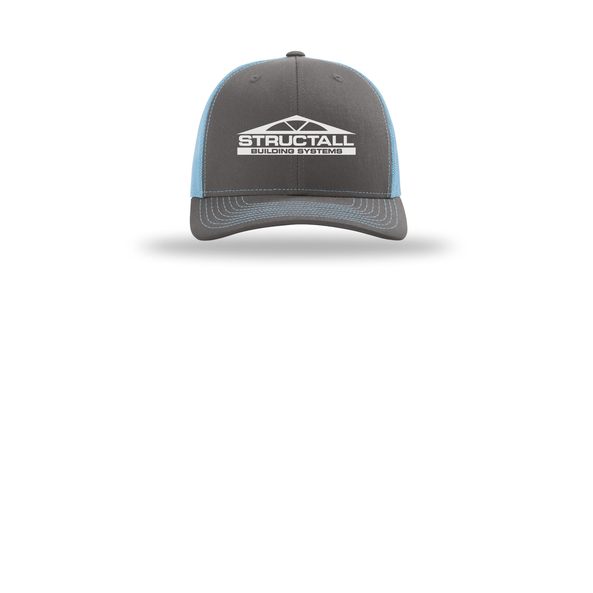 structall-richardson-trucker-cap-embroidery-capfront-R112-charcoalcolumbiablue-flat-front