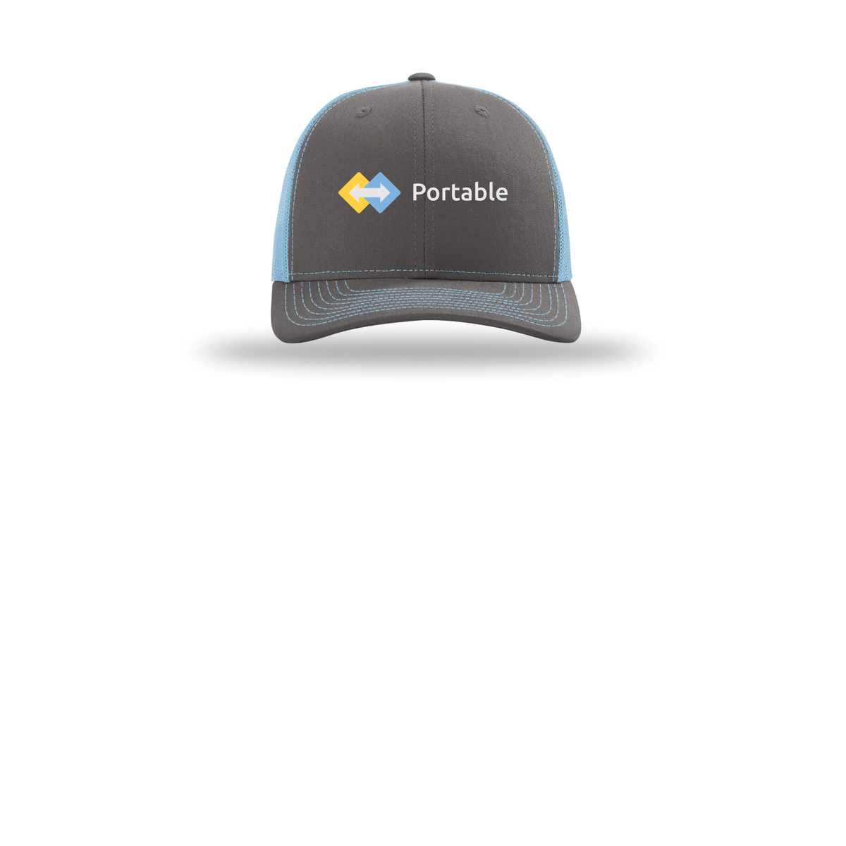 portable-richardson-trucker-cap-embroidery-capfront-R112-charcoalcolumbiablue-flat-front