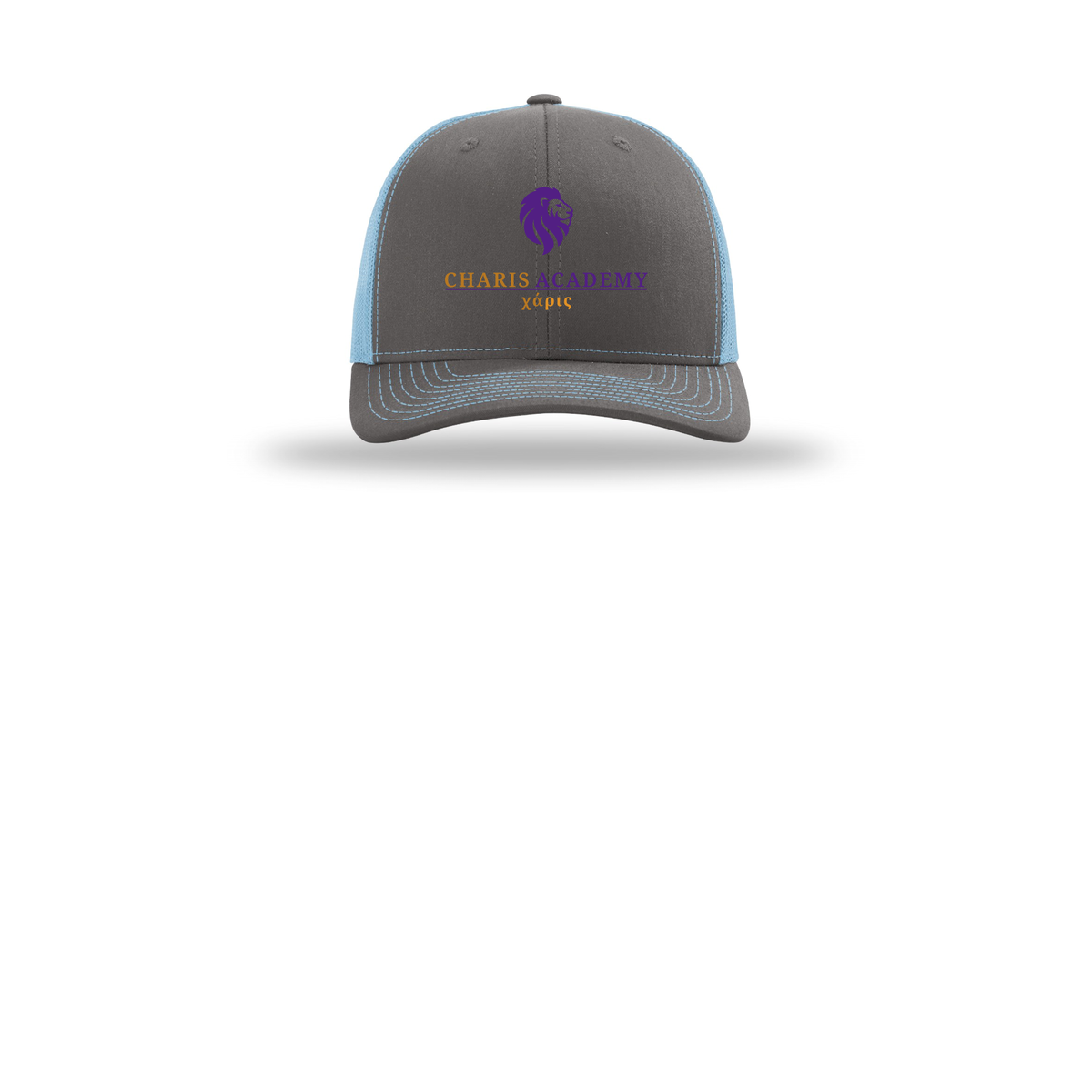 cahazleton-richardson-trucker-cap-embroidery-capfront-R112-charcoalcolumbiablue-flat-front