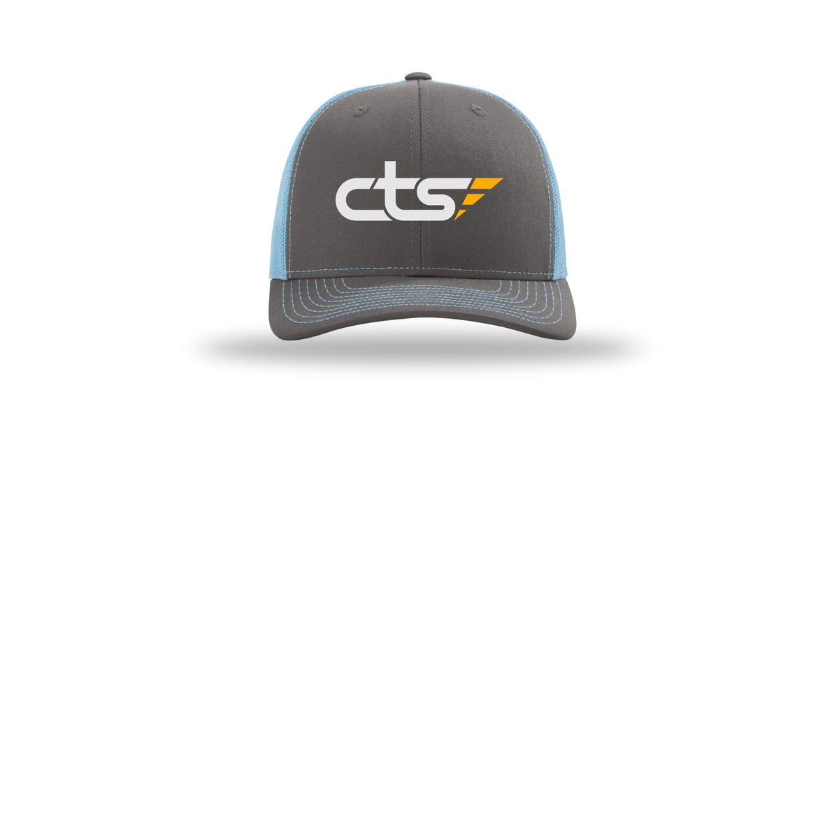 cts1-richardson-trucker-cap-embroidery-capfront-R112-charcoalcolumbiablue-flat-front