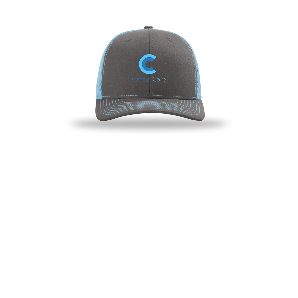 cattle-care-richardson-trucker-cap-embroidery-capfront-R112-charcoalcolumbiablue-flat-front