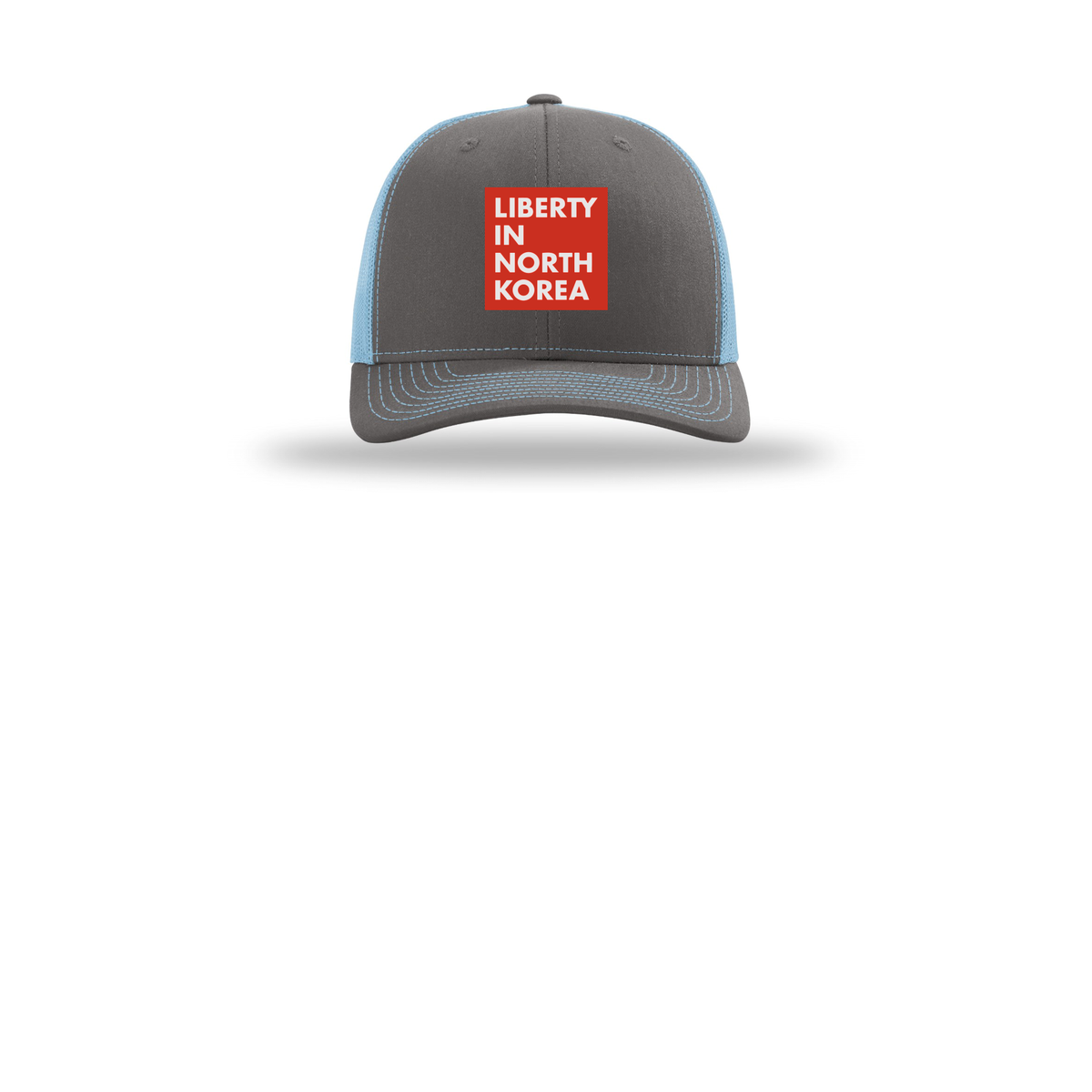 libertyinnorthkorea-richardson-trucker-cap-embroidery-capfront-R112-charcoalcolumbiablue-flat-front