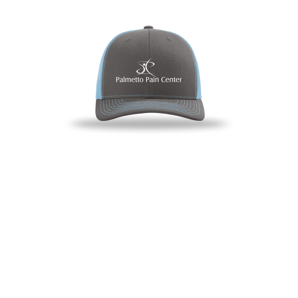 palmetto-pain-center-richardson-trucker-cap-embroidery-capfront-R112-charcoalcolumbiablue-flat-front