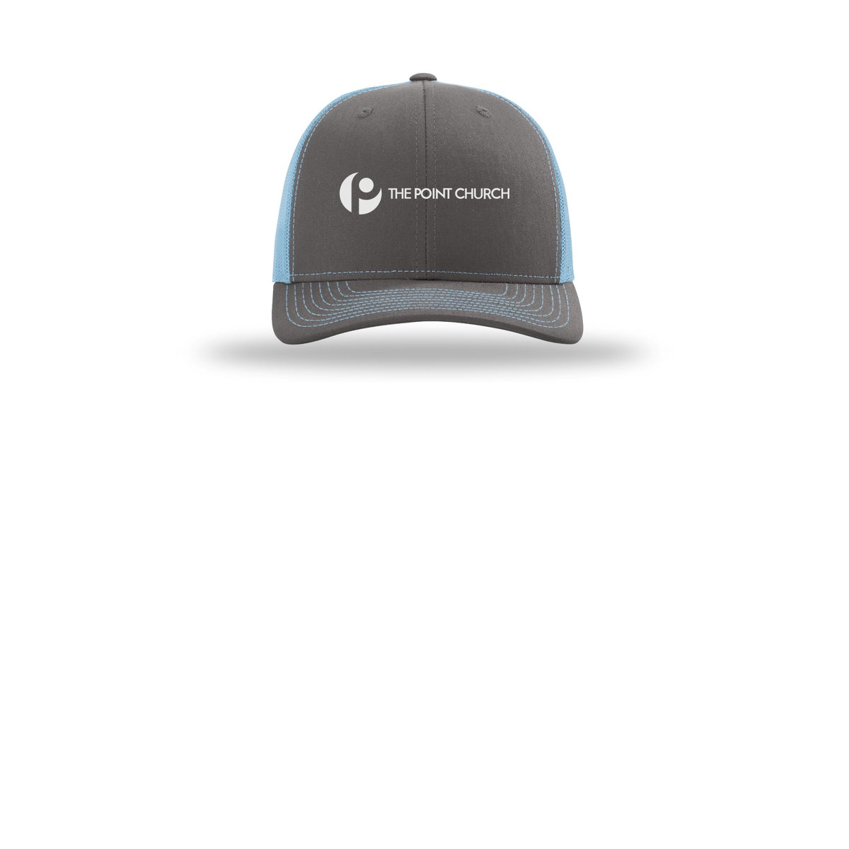 thepointva-richardson-trucker-cap-embroidery-capfront-R112-charcoalcolumbiablue-flat-front