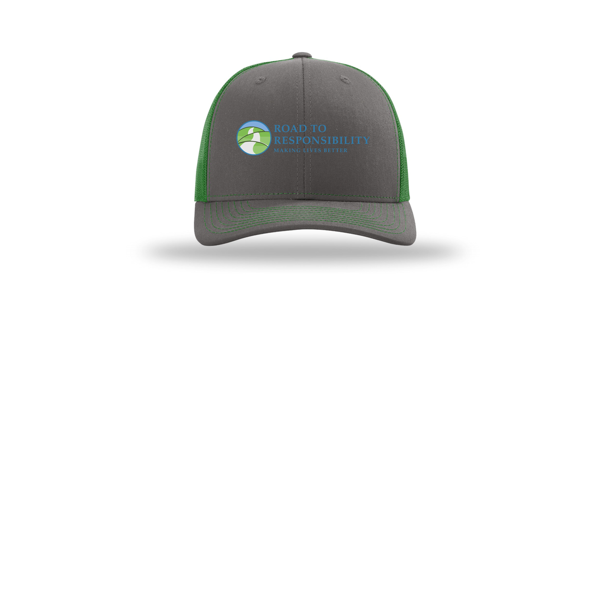 roadtoresponsibility-richardson-trucker-cap-embroidery-capfront-R112-charcoalkelly-flat-front