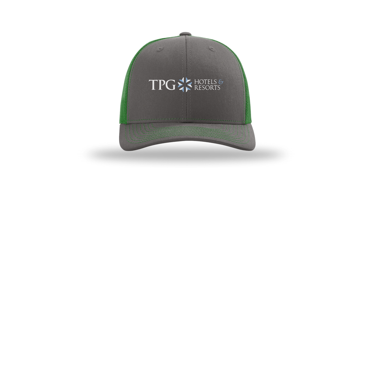 tpghotelsandresorts-richardson-trucker-cap-embroidery-capfront-R112-charcoalkelly-flat-front
