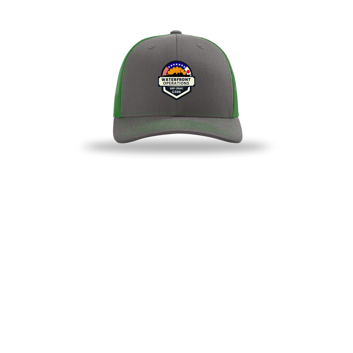 waterfront-operations-retro-trucker-cap-embroidery-capfront-R112-charcoalkelly-flat-front