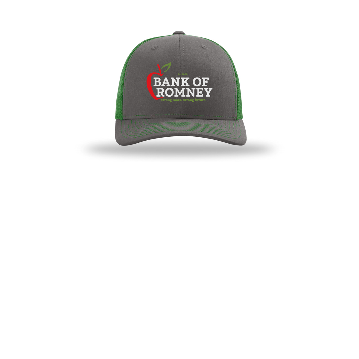 bankofromney-richardson-trucker-cap-embroidery-capfront-R112-charcoalkelly-flat-front