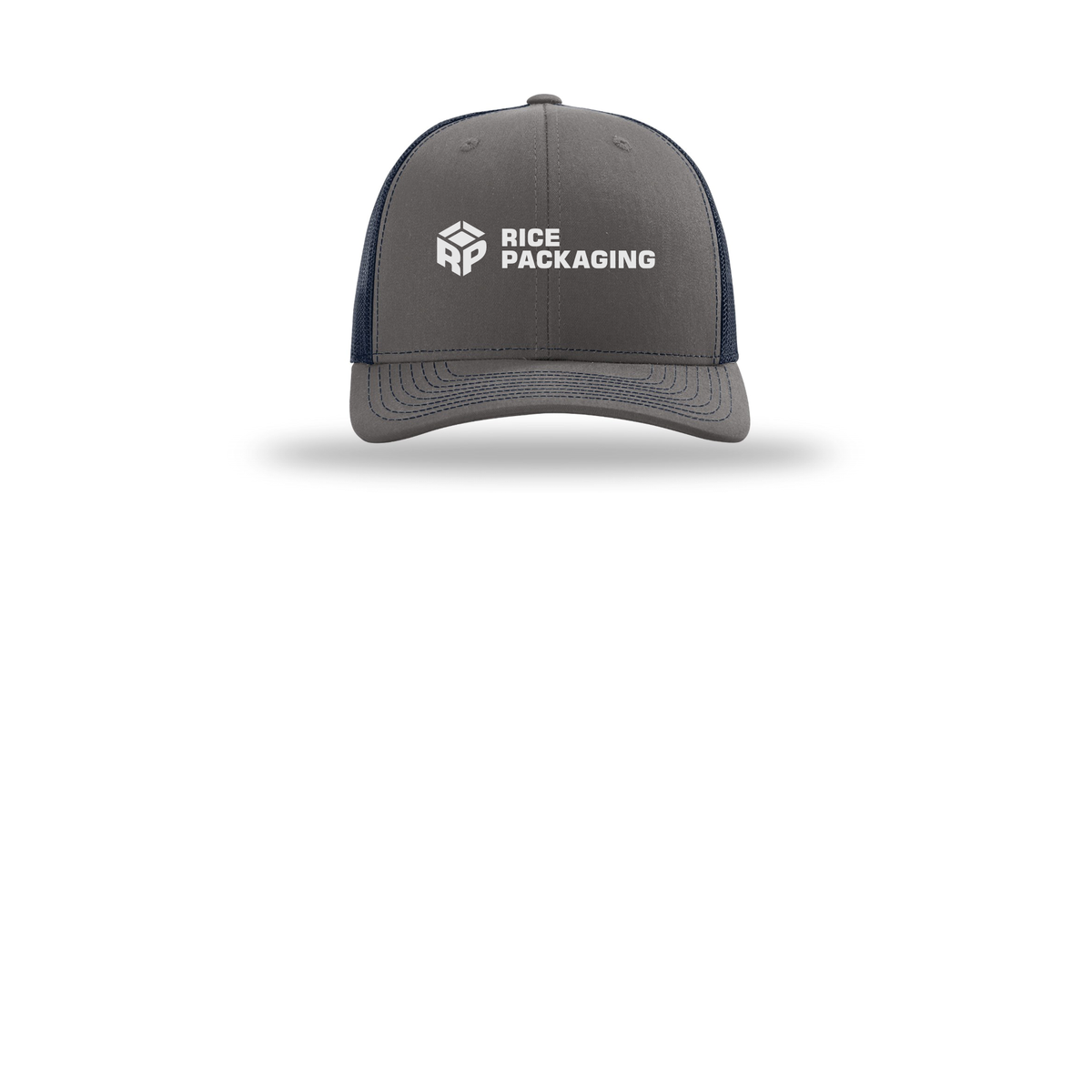 ricepackaging-richardson-trucker-cap-embroidery-capfront-R112-charcoalnavy-flat-front