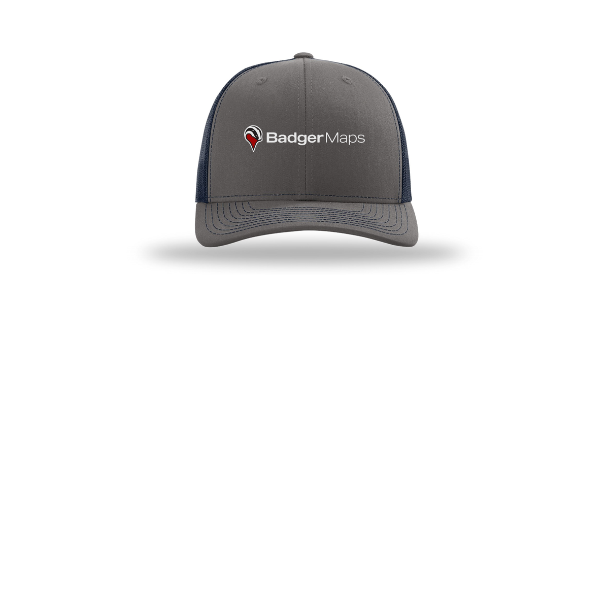 badgermapping-richardson-trucker-cap-embroidery-capfront-R112-charcoalnavy-flat-front