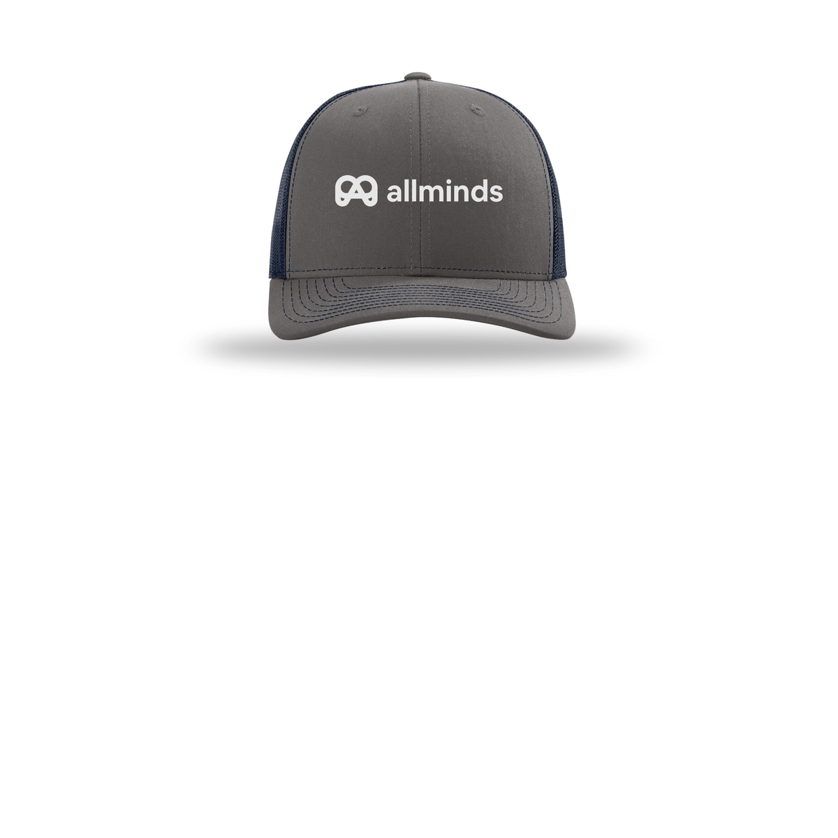 getallminds-richardson-trucker-cap-embroidery-capfront-R112-charcoalnavy-flat-front