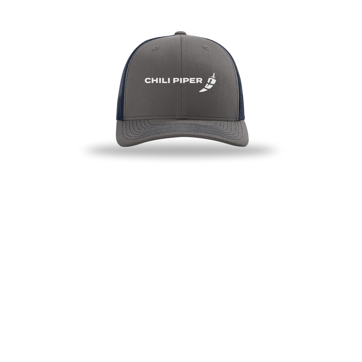 chilipiper-richardson-trucker-cap-embroidery-capfront-R112-charcoalnavy-flat-front