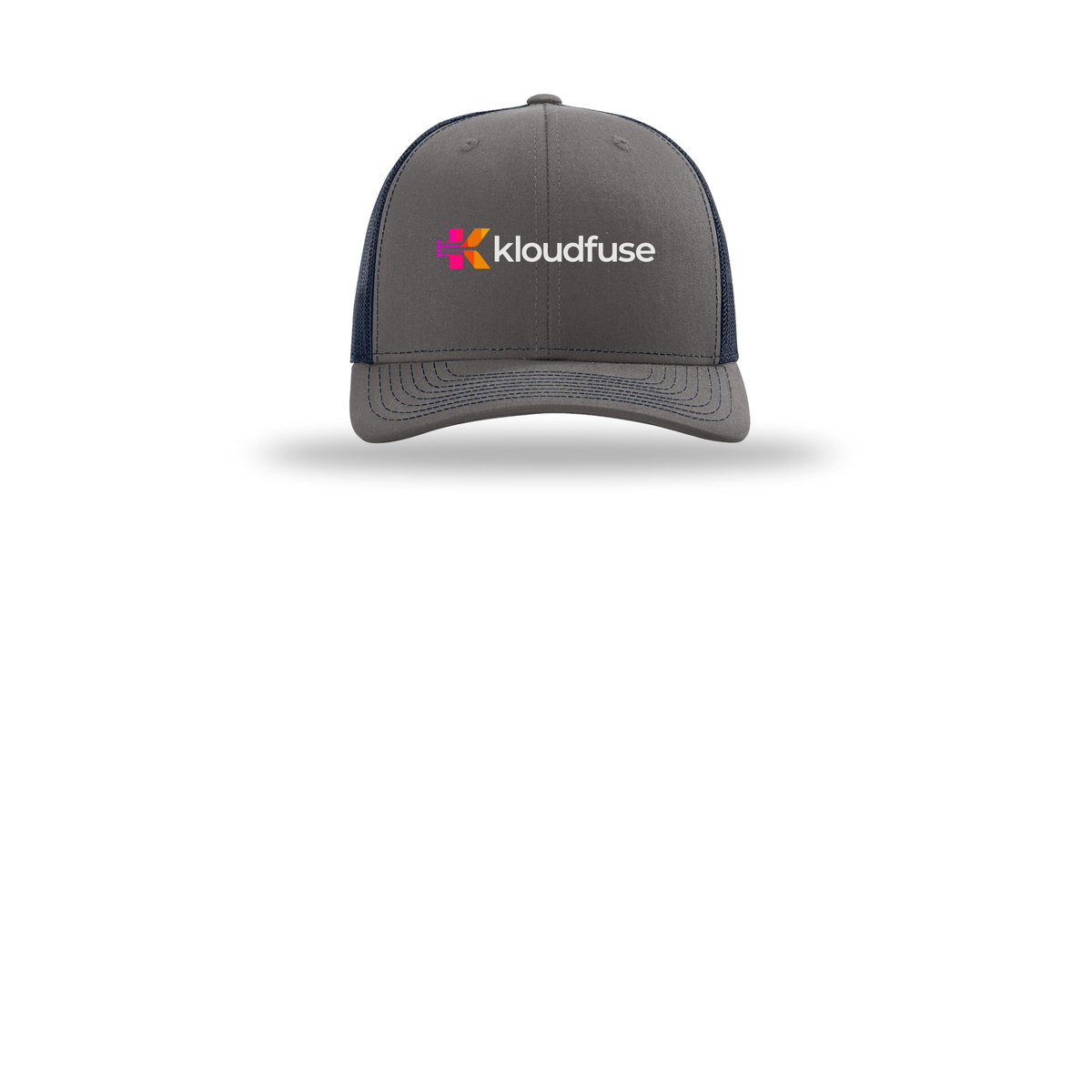 kloudfuse-richardson-trucker-cap-embroidery-capfront-R112-charcoalnavy-flat-front