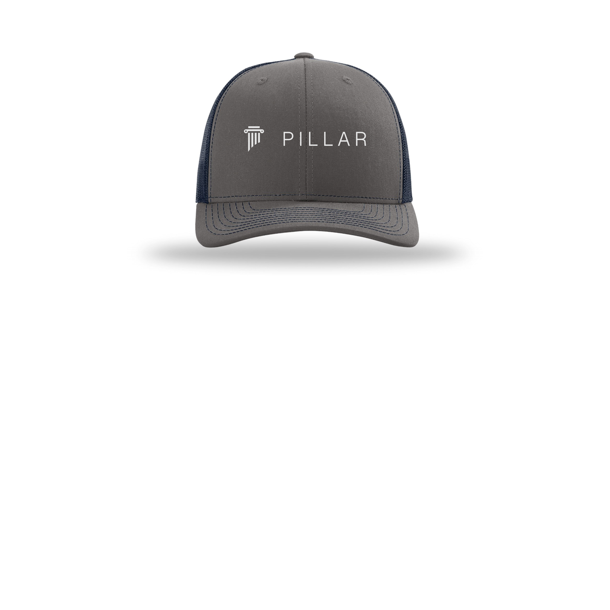 pillar-richardson-trucker-cap-embroidery-capfront-R112-charcoalnavy-flat-front