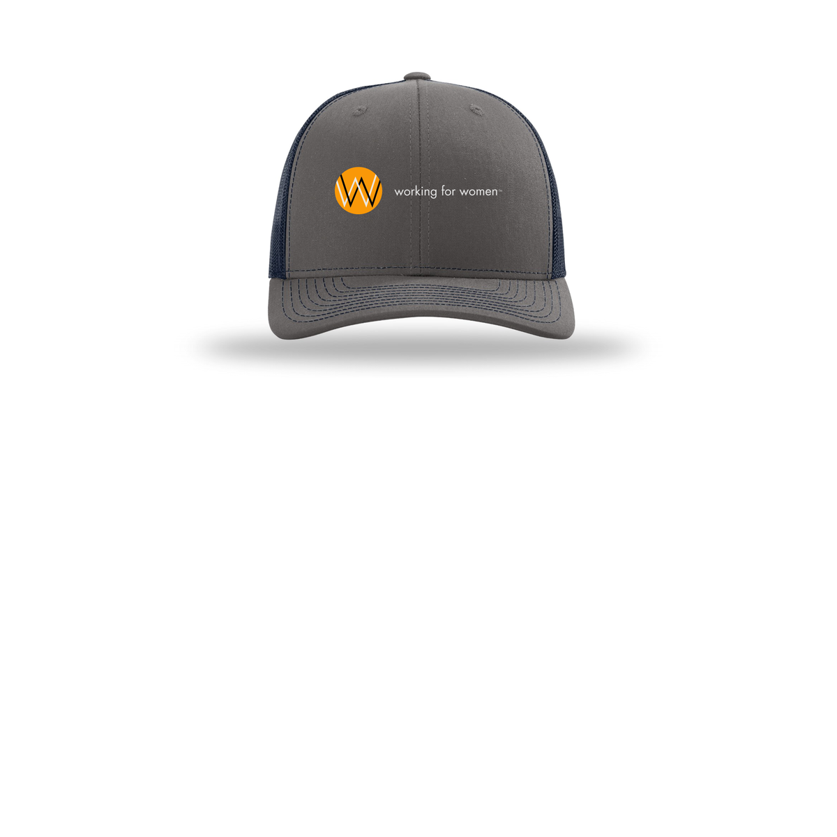 workingforwomen-richardson-trucker-cap-embroidery-capfront-R112-charcoalnavy-flat-front