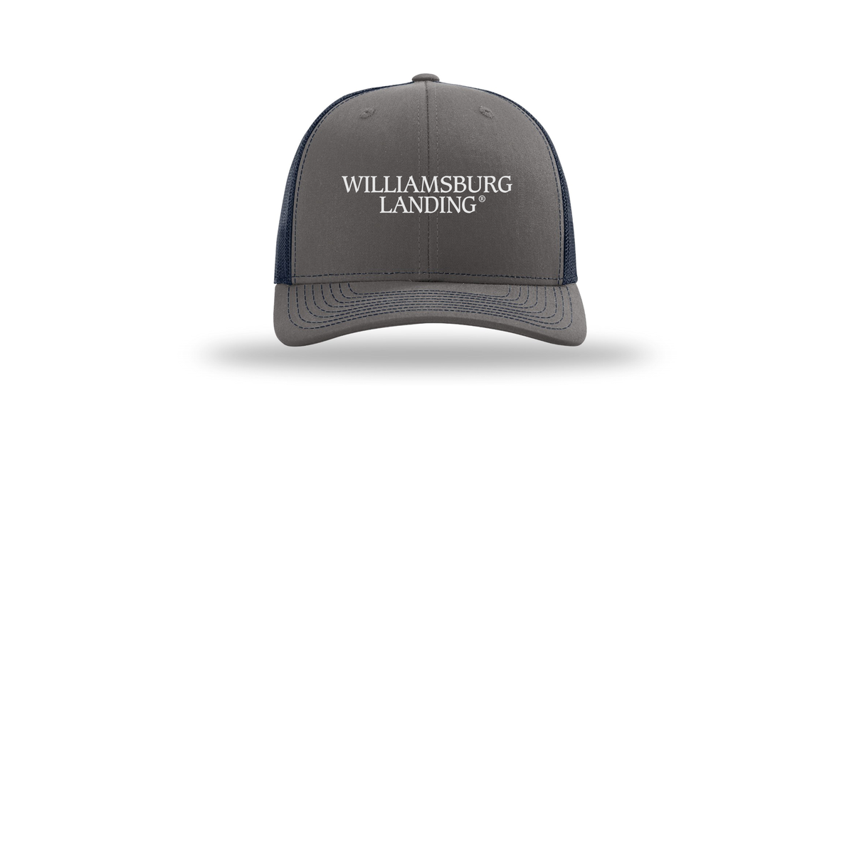 williamsburglanding-richardson-trucker-cap-embroidery-capfront-R112-charcoalnavy-flat-front