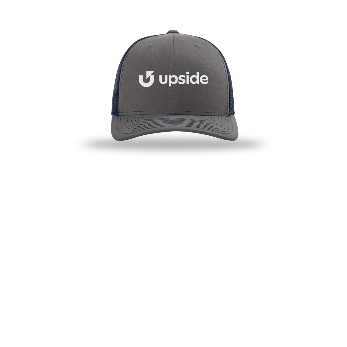 upside-richardson-trucker-cap-embroidery-capfront-R112-charcoalnavy-flat-front