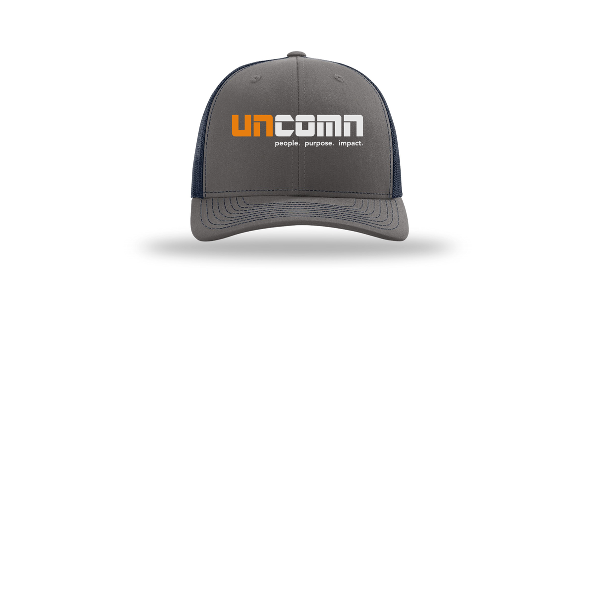 uncomn-richardson-trucker-cap-embroidery-capfront-R112-charcoalnavy-flat-front