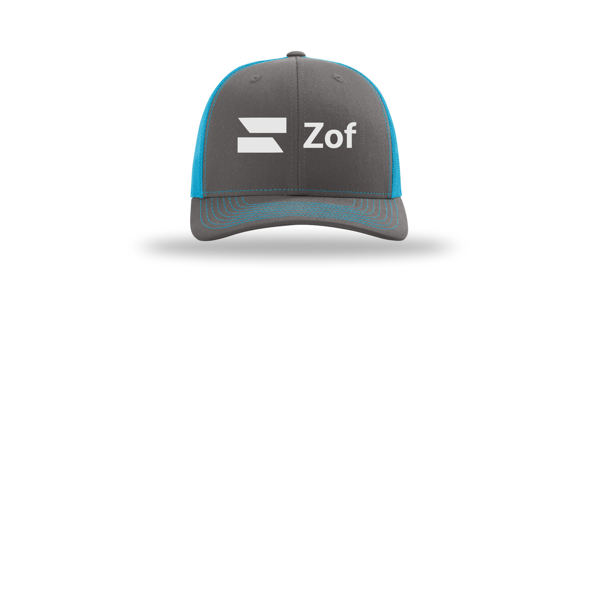zof-richardson-trucker-cap-embroidery-capfront-R112-charcoalneonblue-flat-front