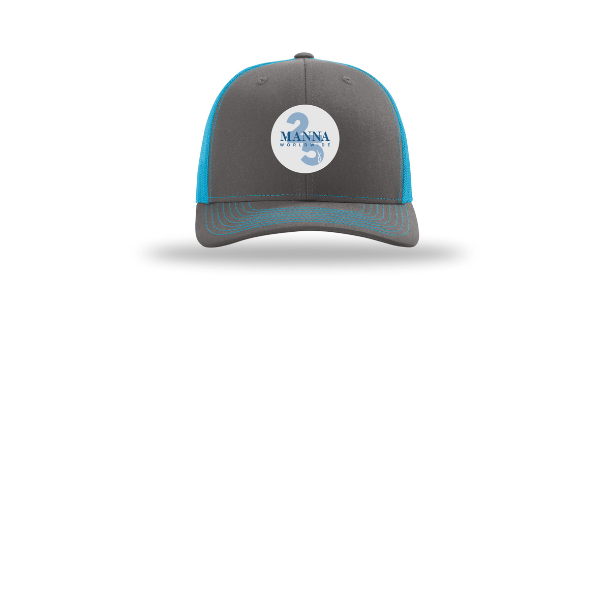 mannaworldwide-richardson-trucker-cap-embroidery-capfront-R112-charcoalneonblue-flat-front
