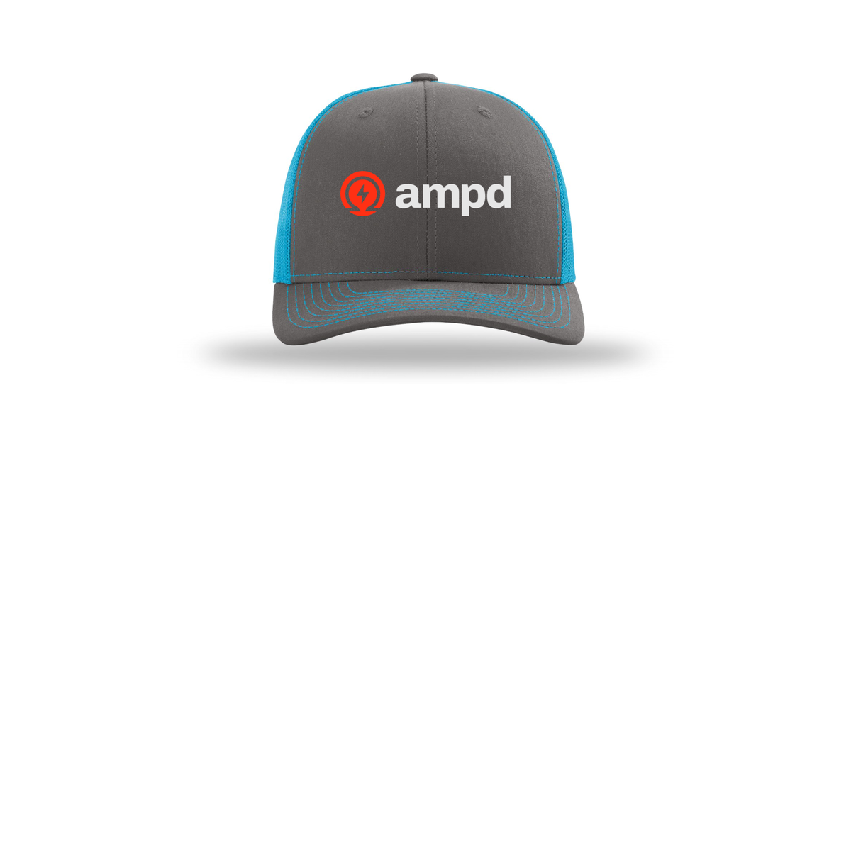 ampd-richardson-trucker-cap-embroidery-capfront-R112-charcoalneonblue-flat-front