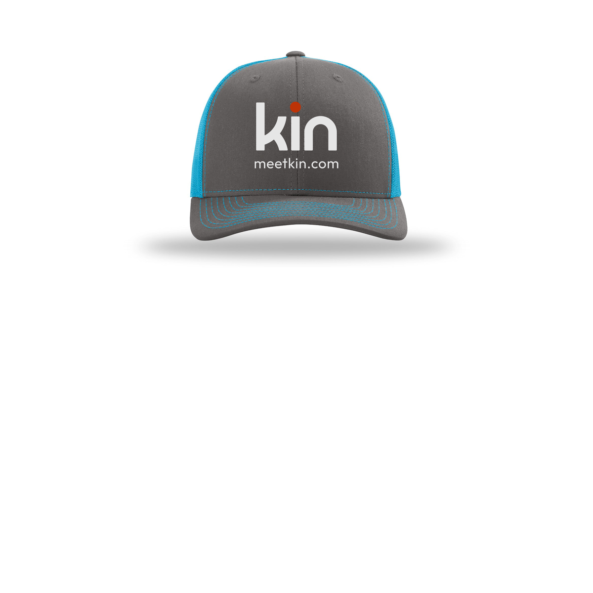 kin-richardson-trucker-cap-embroidery-capfront-R112-charcoalneonblue-flat-front