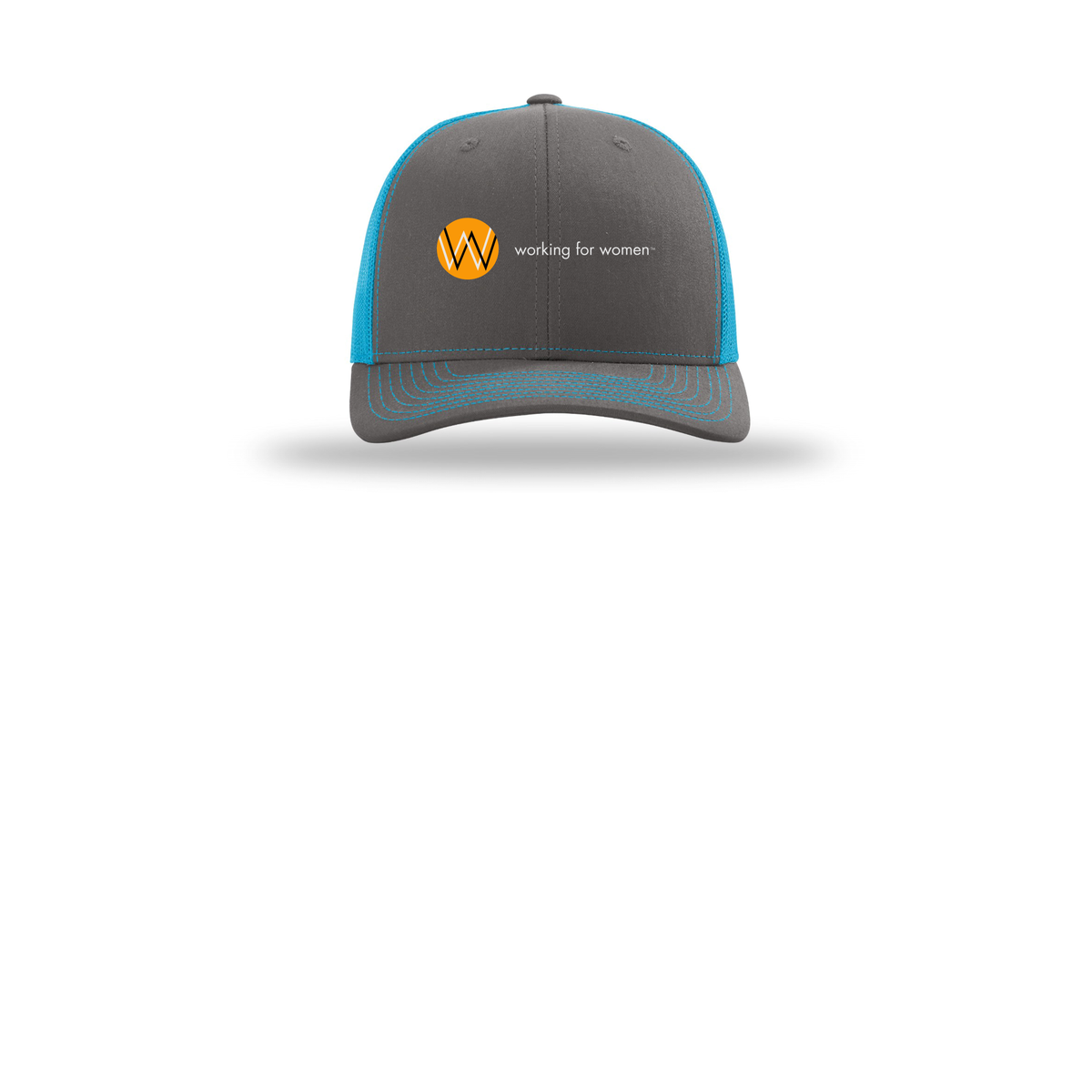 workingforwomen-richardson-trucker-cap-embroidery-capfront-R112-charcoalneonblue-flat-front