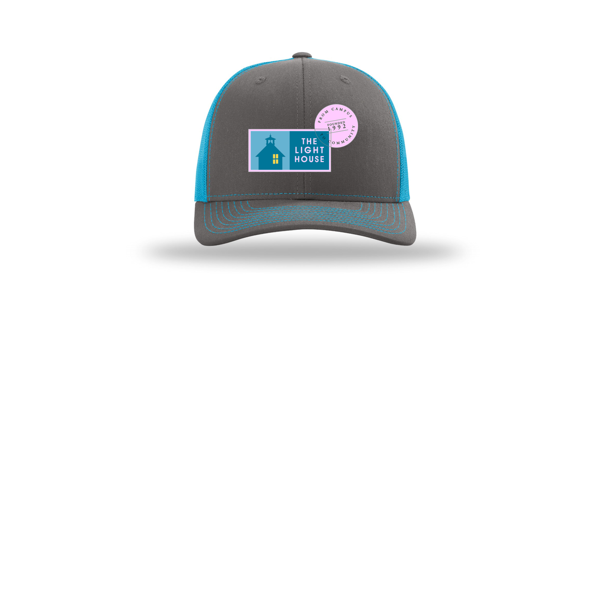 lhcampus-richardson-trucker-cap-embroidery-capfront-R112-charcoalneonblue-flat-front