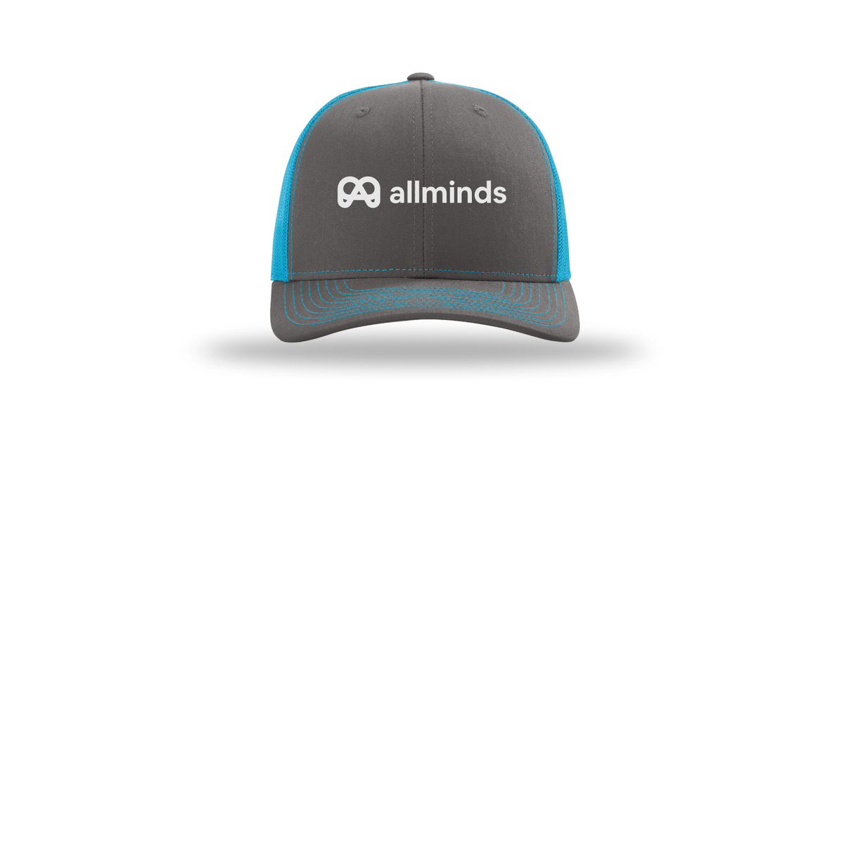 getallminds-richardson-trucker-cap-embroidery-capfront-R112-charcoalneonblue-flat-front