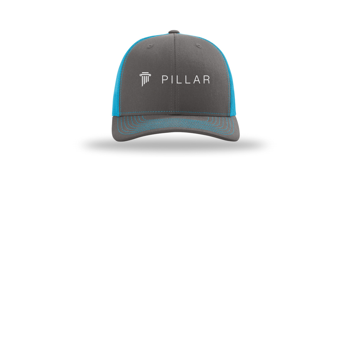 pillar-richardson-trucker-cap-embroidery-capfront-R112-charcoalneonblue-flat-front