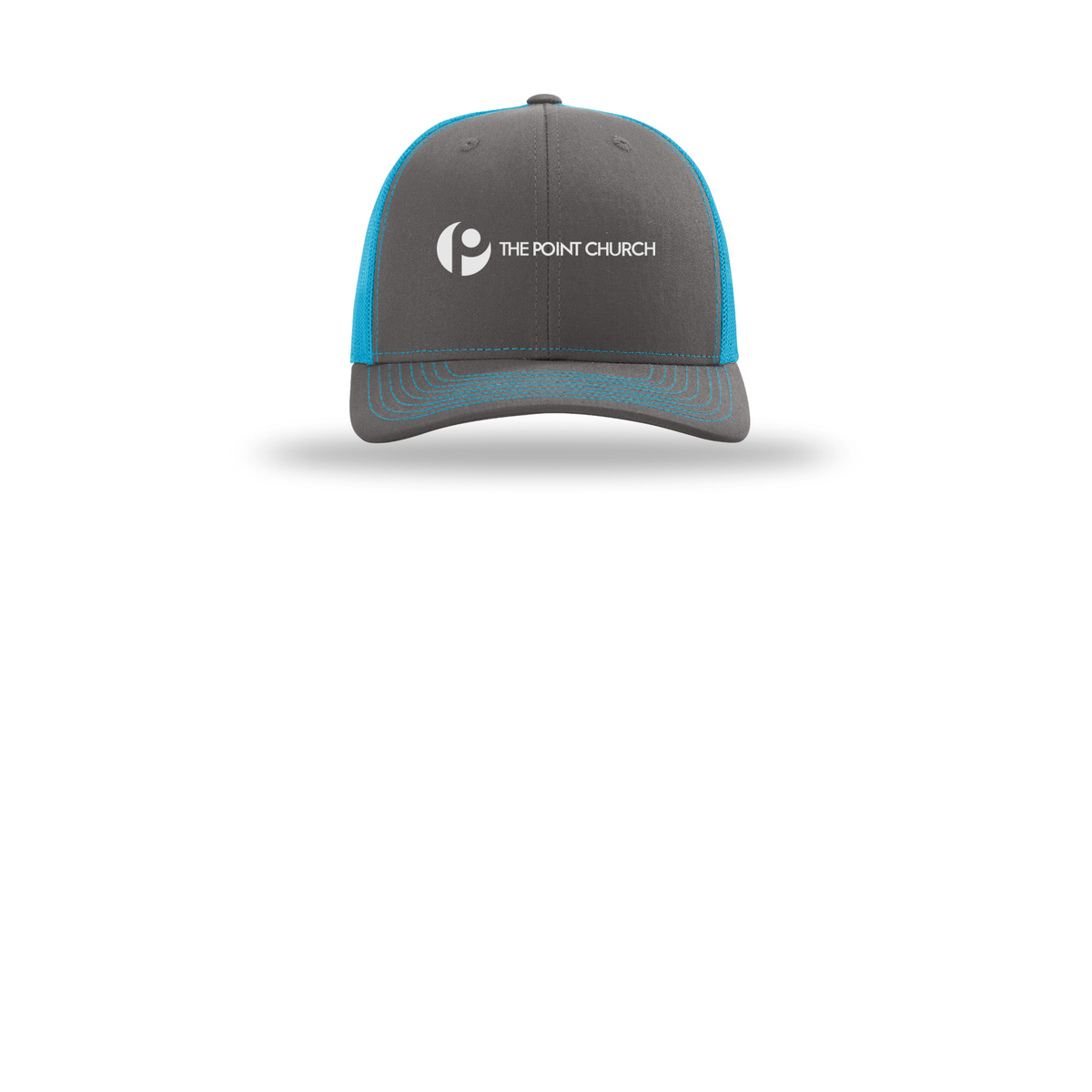 thepointva-richardson-trucker-cap-embroidery-capfront-R112-charcoalneonblue-flat-front