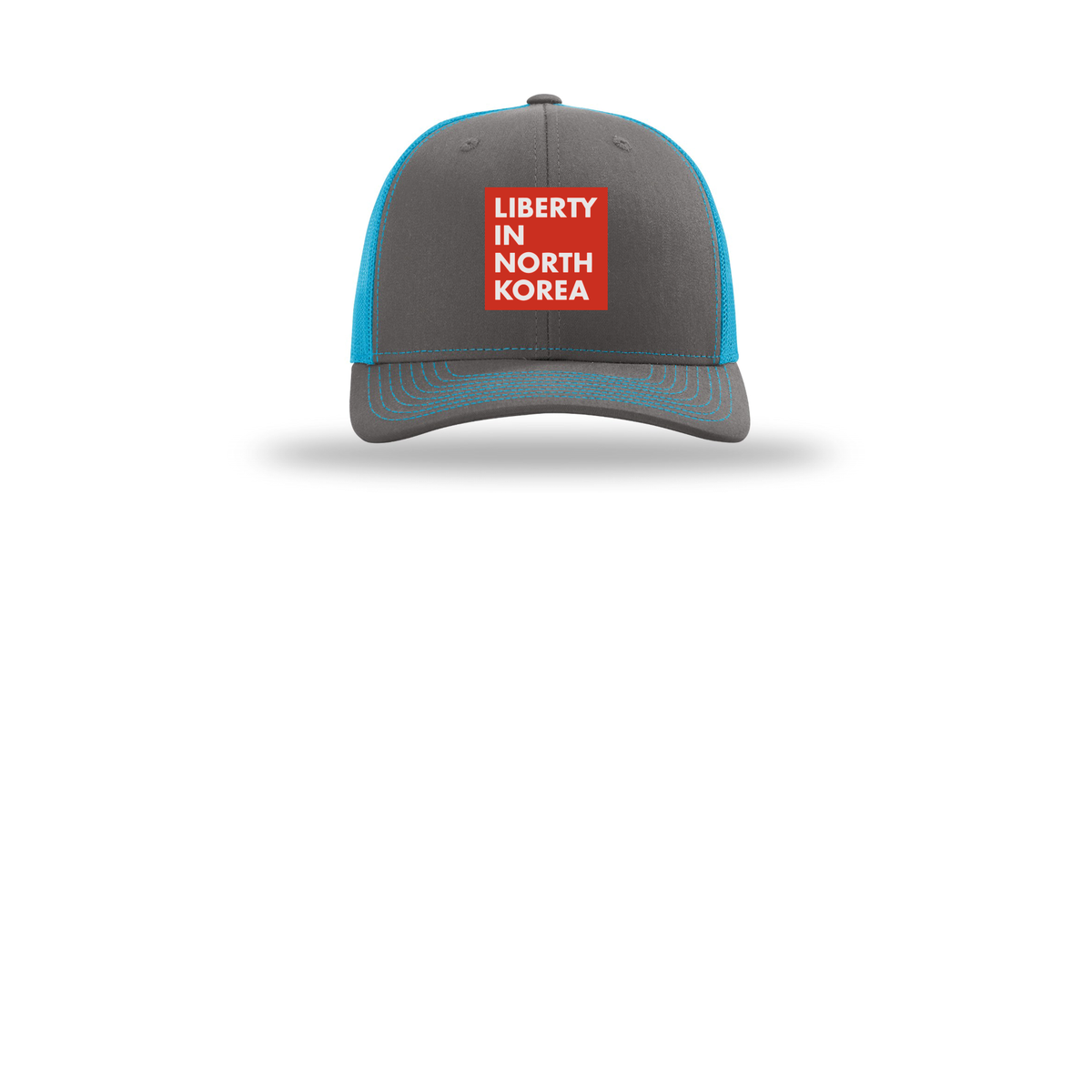 libertyinnorthkorea-richardson-trucker-cap-embroidery-capfront-R112-charcoalneonblue-flat-front