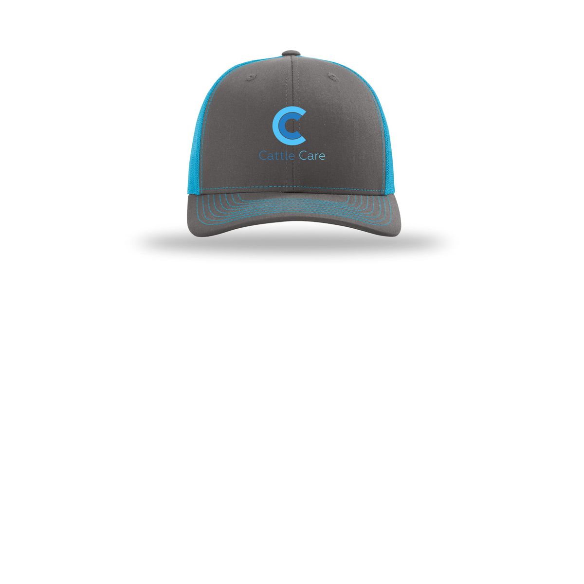 cattle-care-richardson-trucker-cap-embroidery-capfront-R112-charcoalneonblue-flat-front