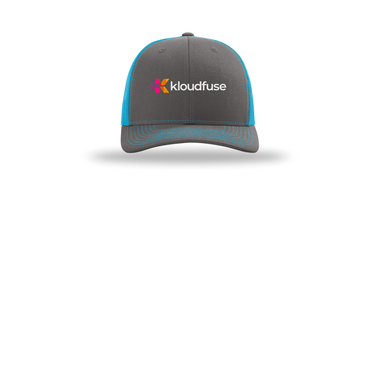 kloudfuse-richardson-trucker-cap-embroidery-capfront-R112-charcoalneonblue-flat-front