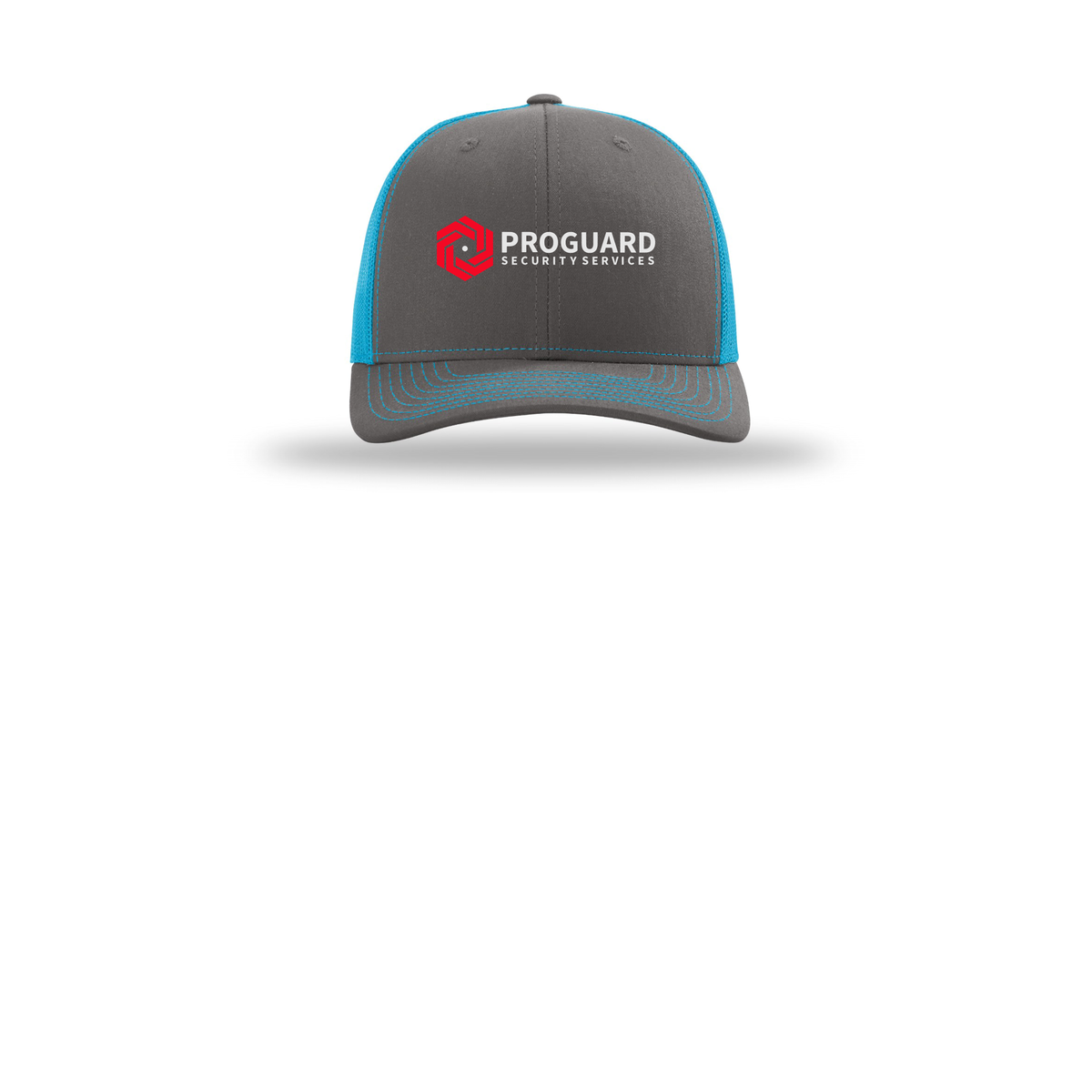 proguardsecurityservices-richardson-trucker-cap-embroidery-capfront-R112-charcoalneonblue-flat-front
