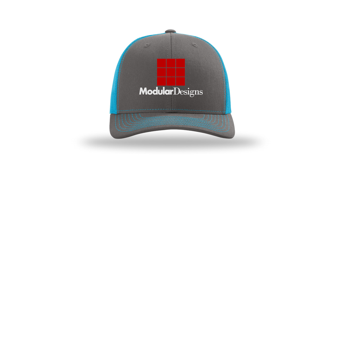 modulardesignsflooring-richardson-trucker-cap-embroidery-capfront-R112-charcoalneonblue-flat-front