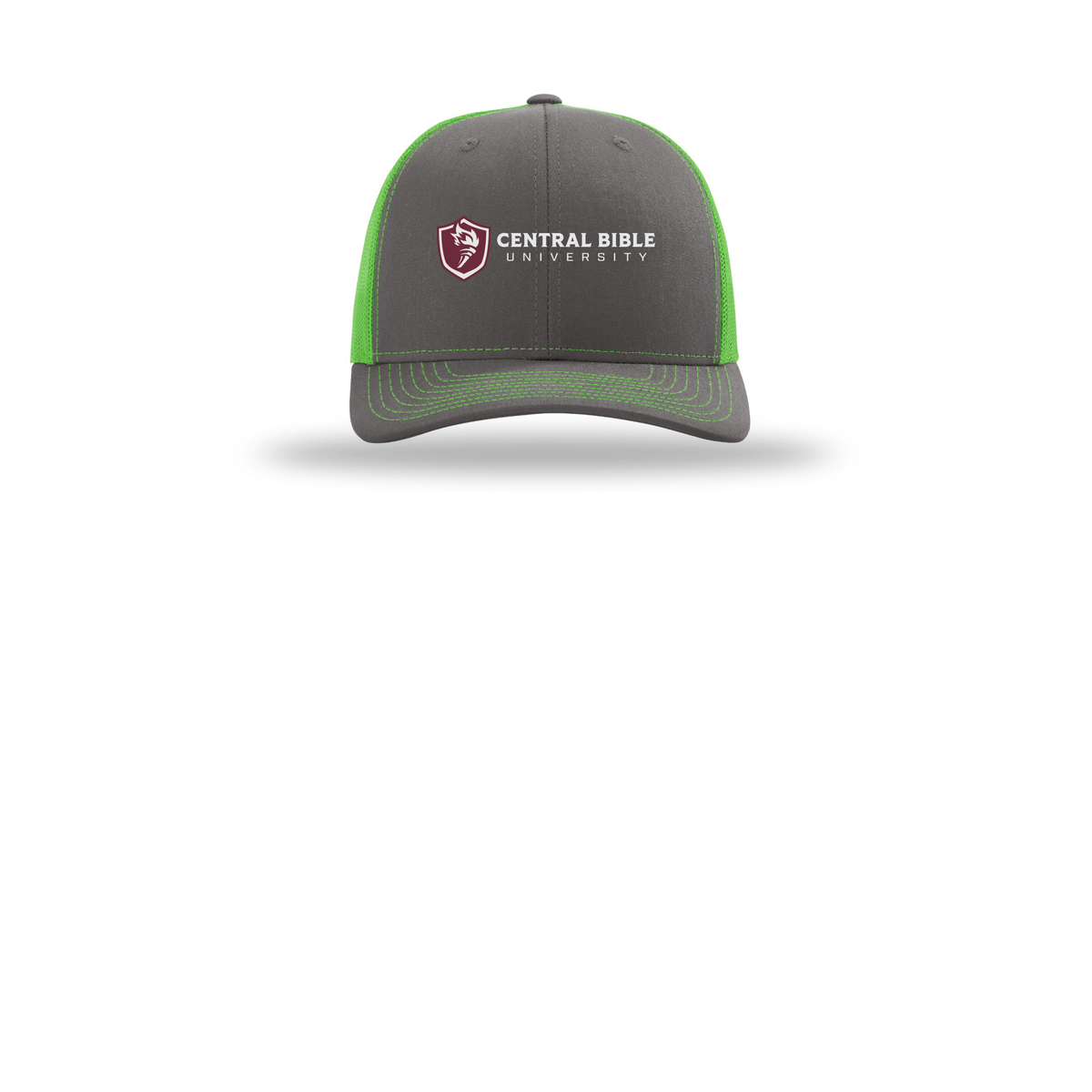 centralbible-richardson-trucker-cap-embroidery-capfront-R112-charcoalneongreen-flat-front