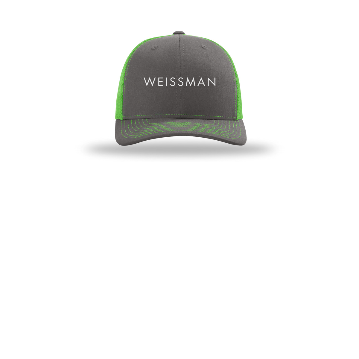 weissmans-richardson-trucker-cap-embroidery-capfront-R112-charcoalneongreen-flat-front