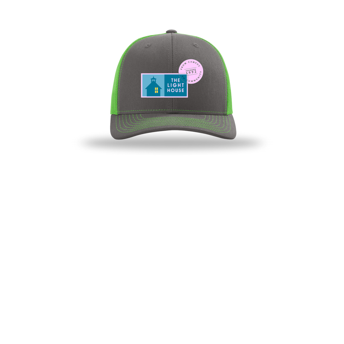 lhcampus-richardson-trucker-cap-embroidery-capfront-R112-charcoalneongreen-flat-front