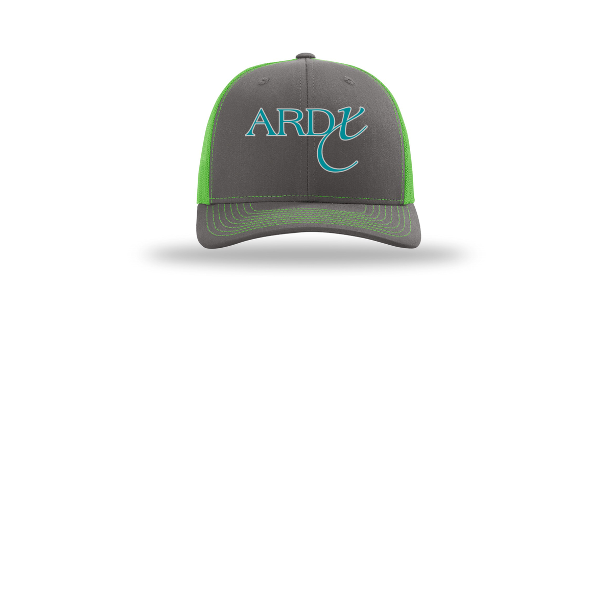 ardx-richardson-trucker-cap-embroidery-capfront-R112-charcoalneongreen-flat-front