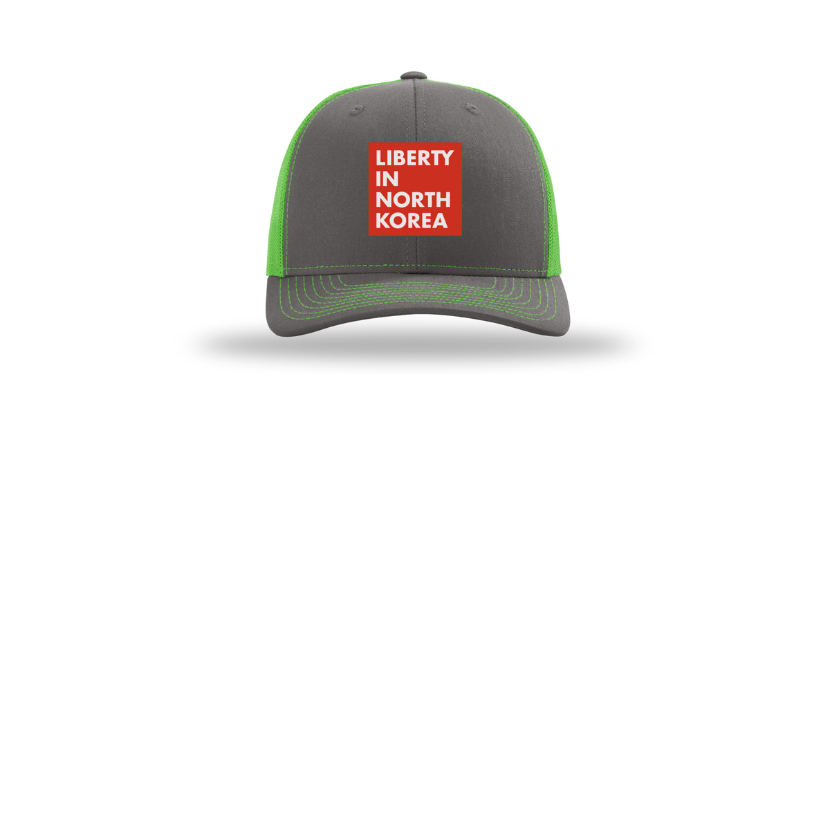 libertyinnorthkorea-richardson-trucker-cap-embroidery-capfront-R112-charcoalneongreen-flat-front