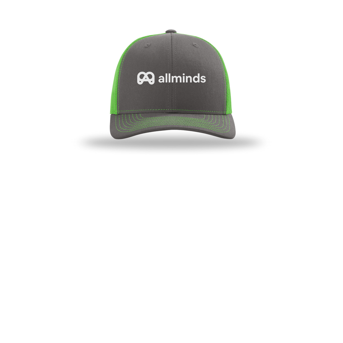 getallminds-richardson-trucker-cap-embroidery-capfront-R112-charcoalneongreen-flat-front