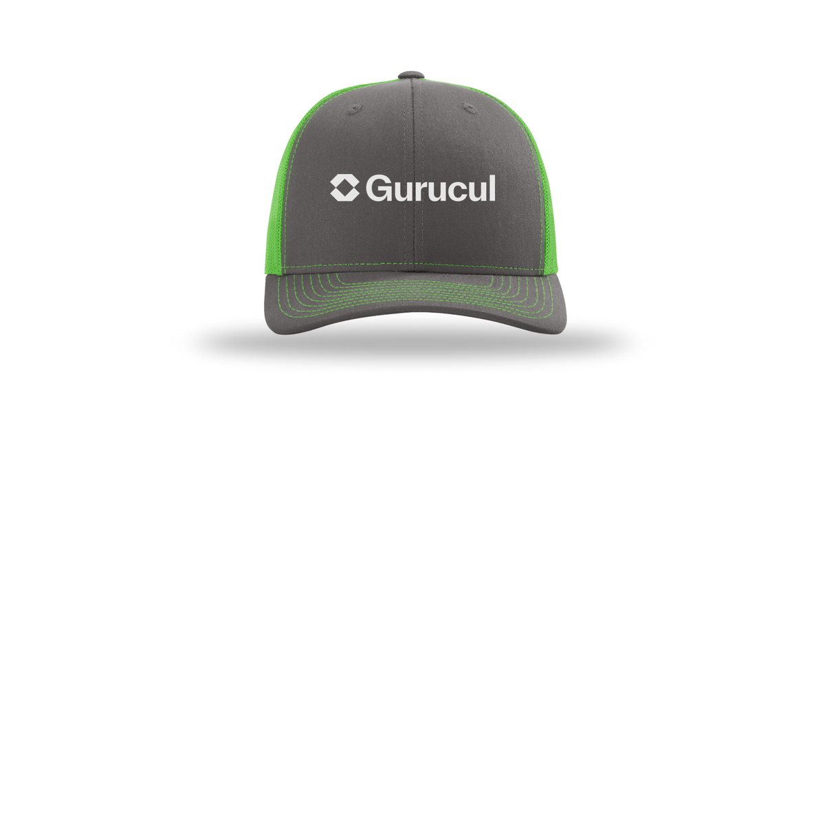 gurucul-richardson-trucker-cap-embroidery-capfront-R112-charcoalneongreen-flat-front
