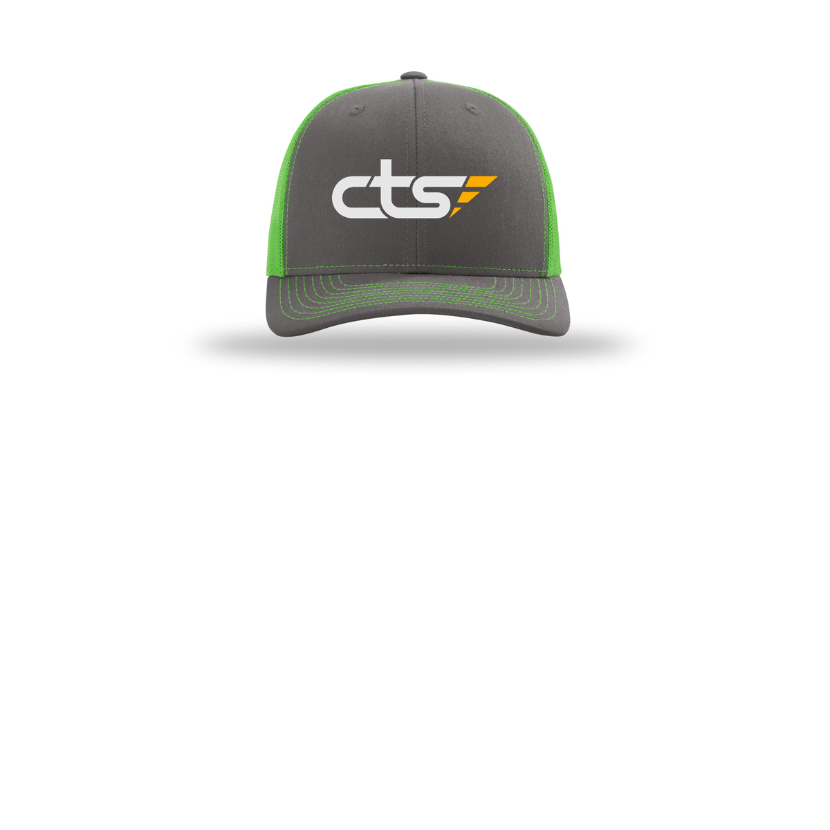 cts1-richardson-trucker-cap-embroidery-capfront-R112-charcoalneongreen-flat-front