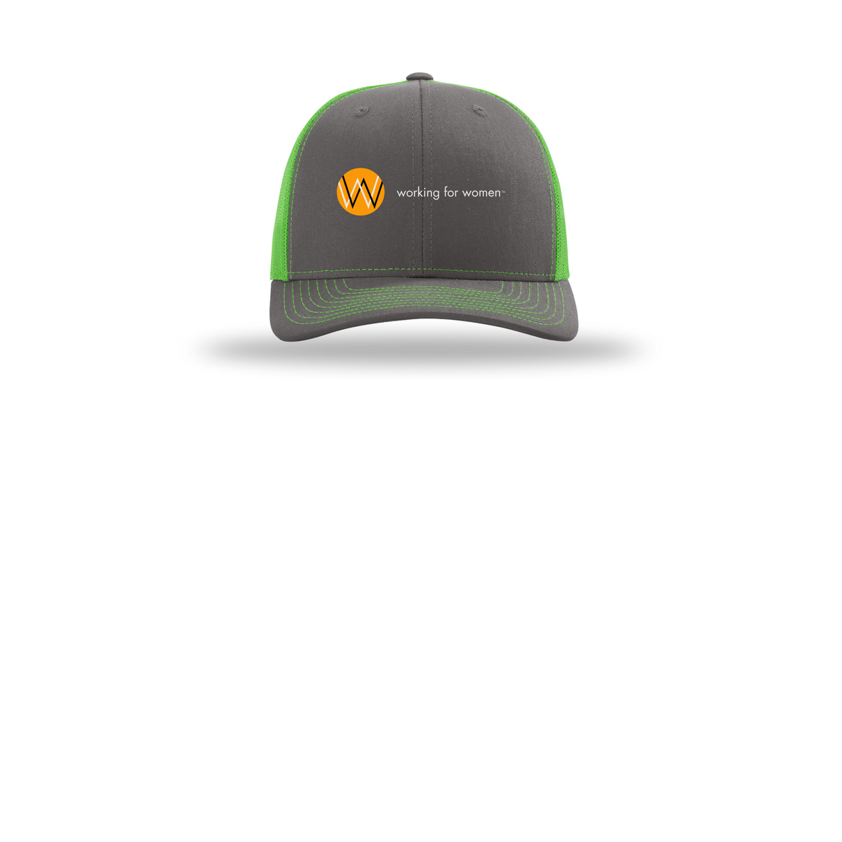 workingforwomen-richardson-trucker-cap-embroidery-capfront-R112-charcoalneongreen-flat-front