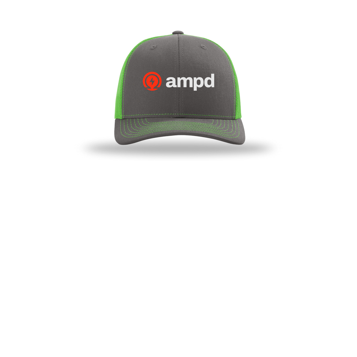 ampd-richardson-trucker-cap-embroidery-capfront-R112-charcoalneongreen-flat-front