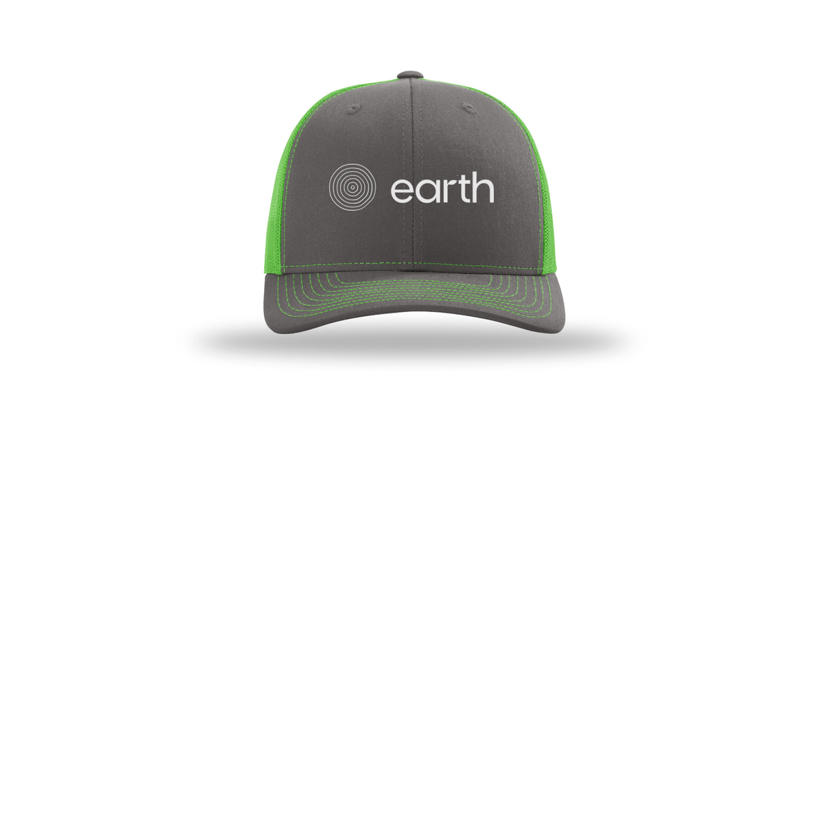 earthfuneral-richardson-trucker-cap-embroidery-capfront-R112-charcoalneongreen-flat-front